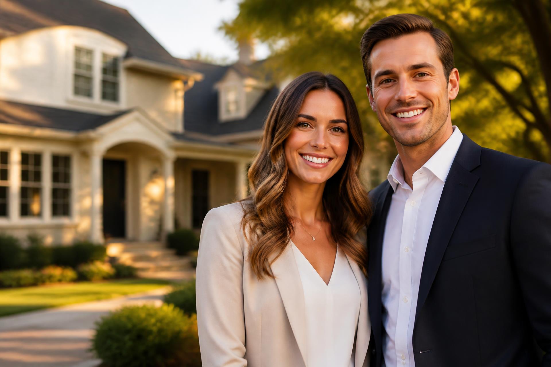 Happy couple standing in front of their Arlington Heights home